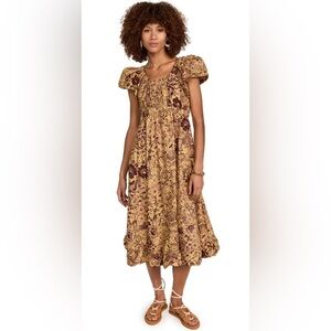 Ulla Johnson Brown and Gold Floral Puff-Sleeve Midi Dress